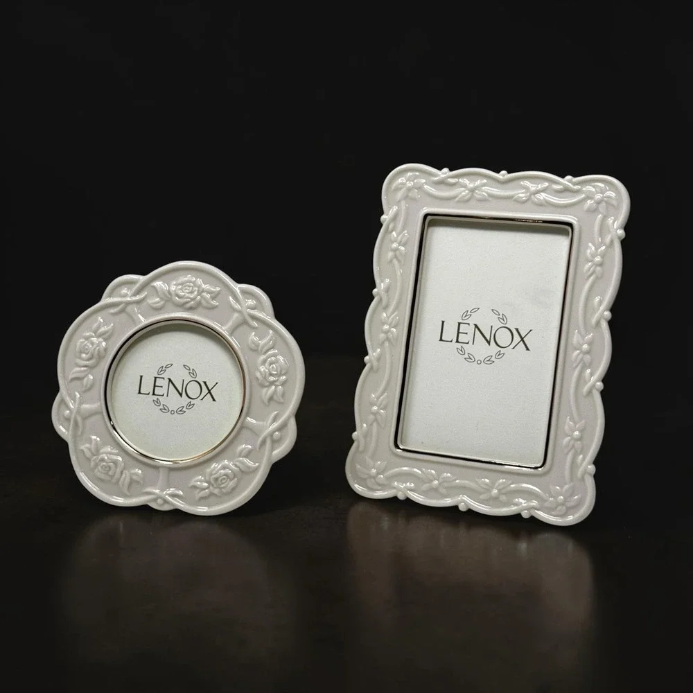 Lenox Cottagecore Picture Frame Set NIB White Porcelain Floral Rose 4x6 & Round